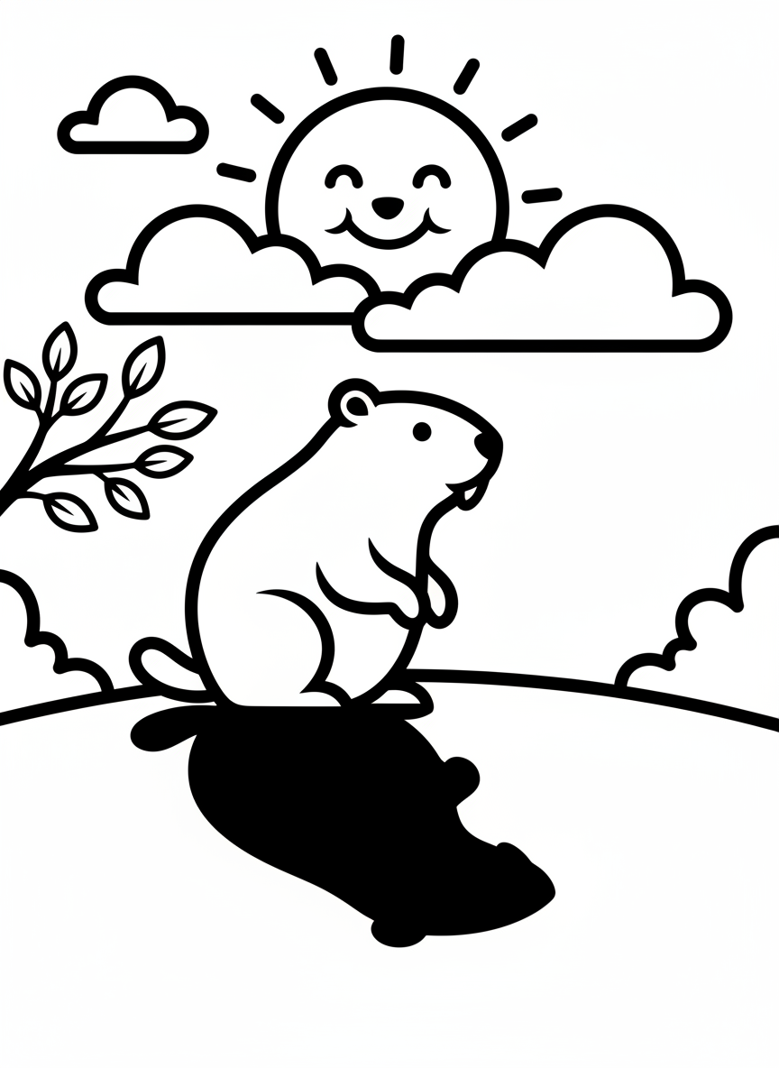 A simple groundhog silhouette next to its shadow on the ground, with a smiling sun peeking from behind clouds