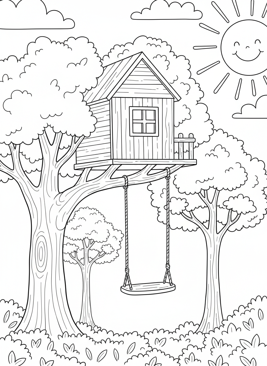 A simple treehouse with a rope swing hanging from a thick branch, surrounded by leafy trees and a smiling sun in the sky.