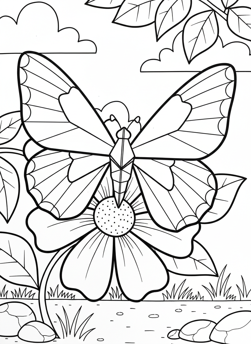 A simple origami butterfly with large symmetrical wings, geometric fold lines visible, sitting on a flower, clean line art for coloring