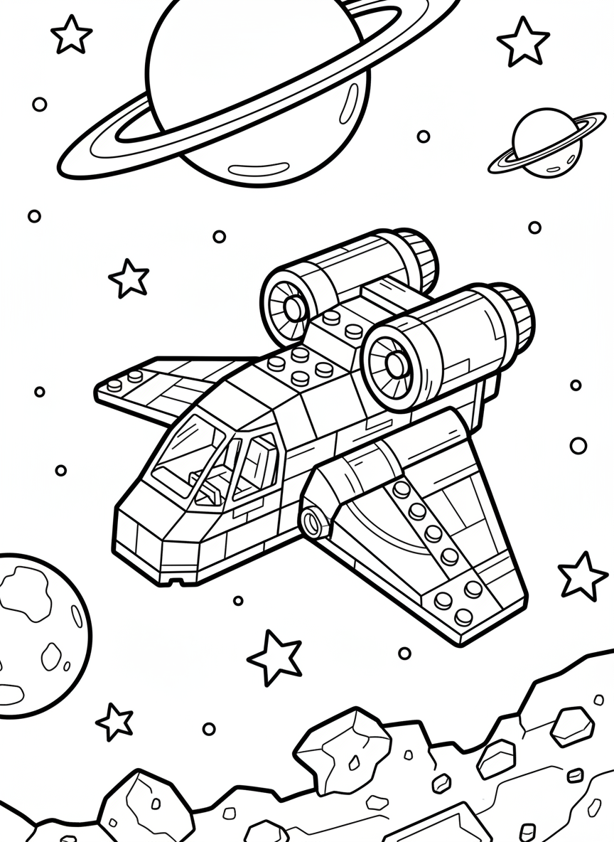 A detailed toy brick spaceship with wings, engines, and a cockpit window, floating among simple stars and planets.