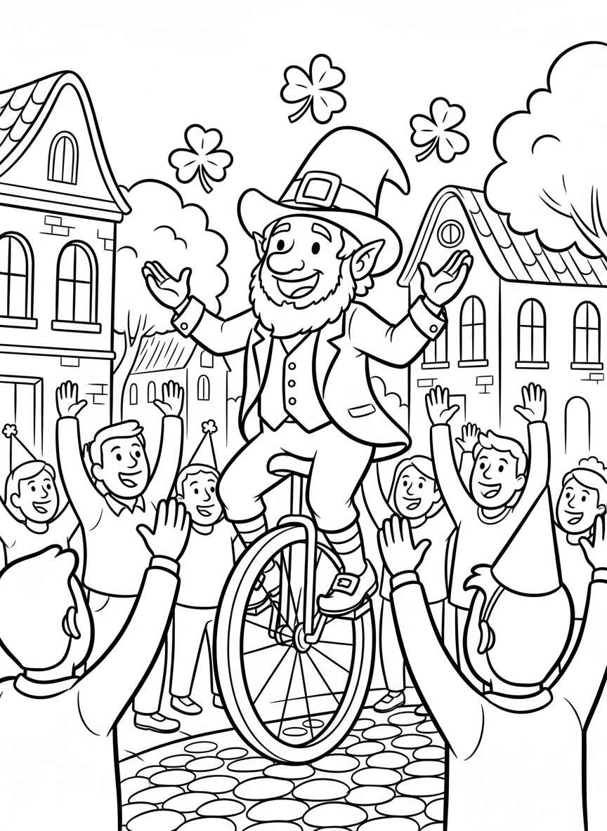 A friendly leprechaun character riding a unicycle while juggling shamrocks, with crowds cheering in the background.