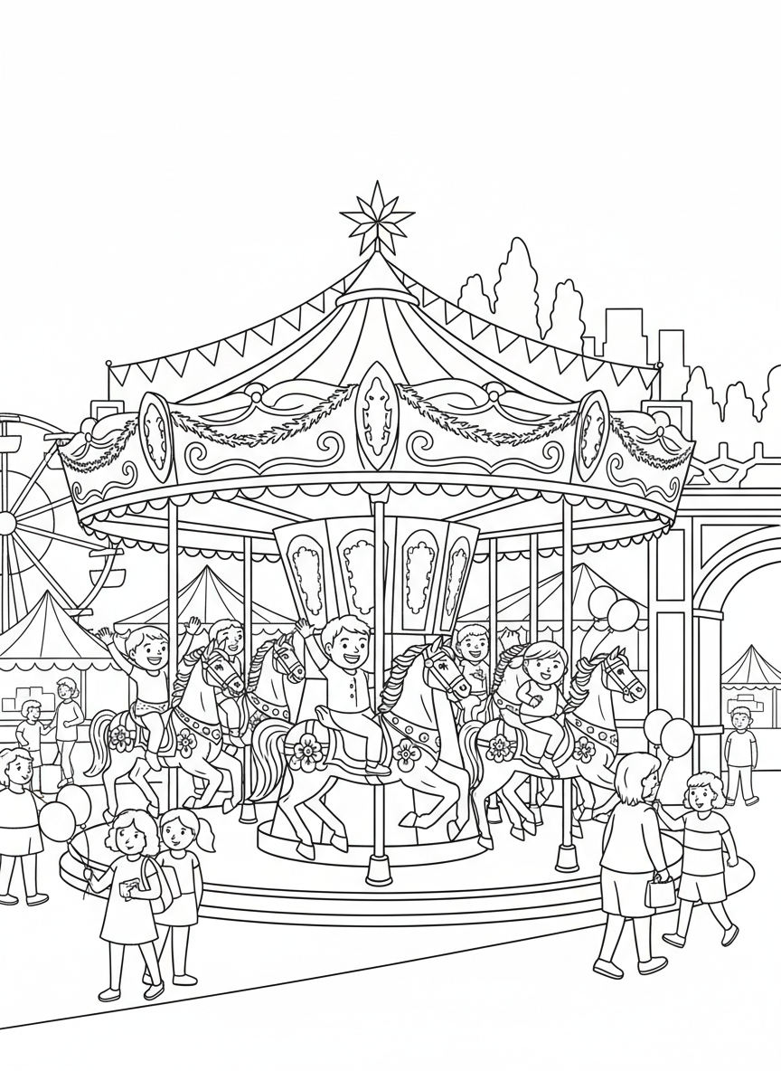 Children riding a carousel with horses at a Houston festival, decorative details and happy faces