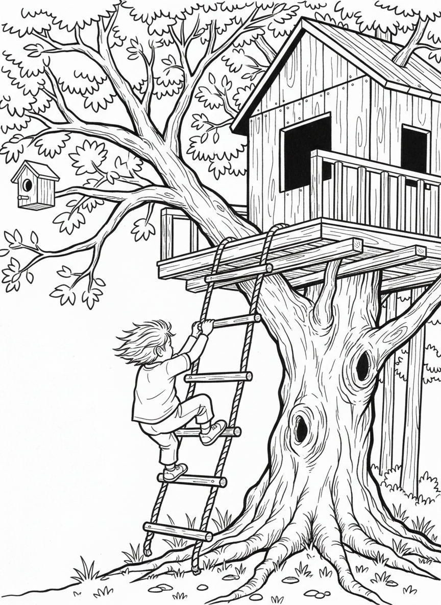 A child climbing up a rope ladder toward a treehouse platform, showing action and movement in simple line art.