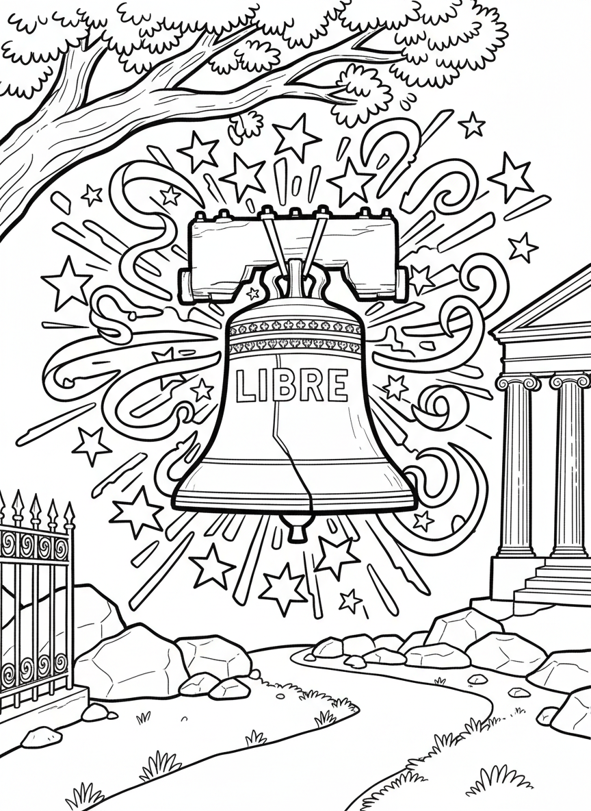 A large bell with decorative details and the word 'Liberty' on it, surrounded by stars and ribbons