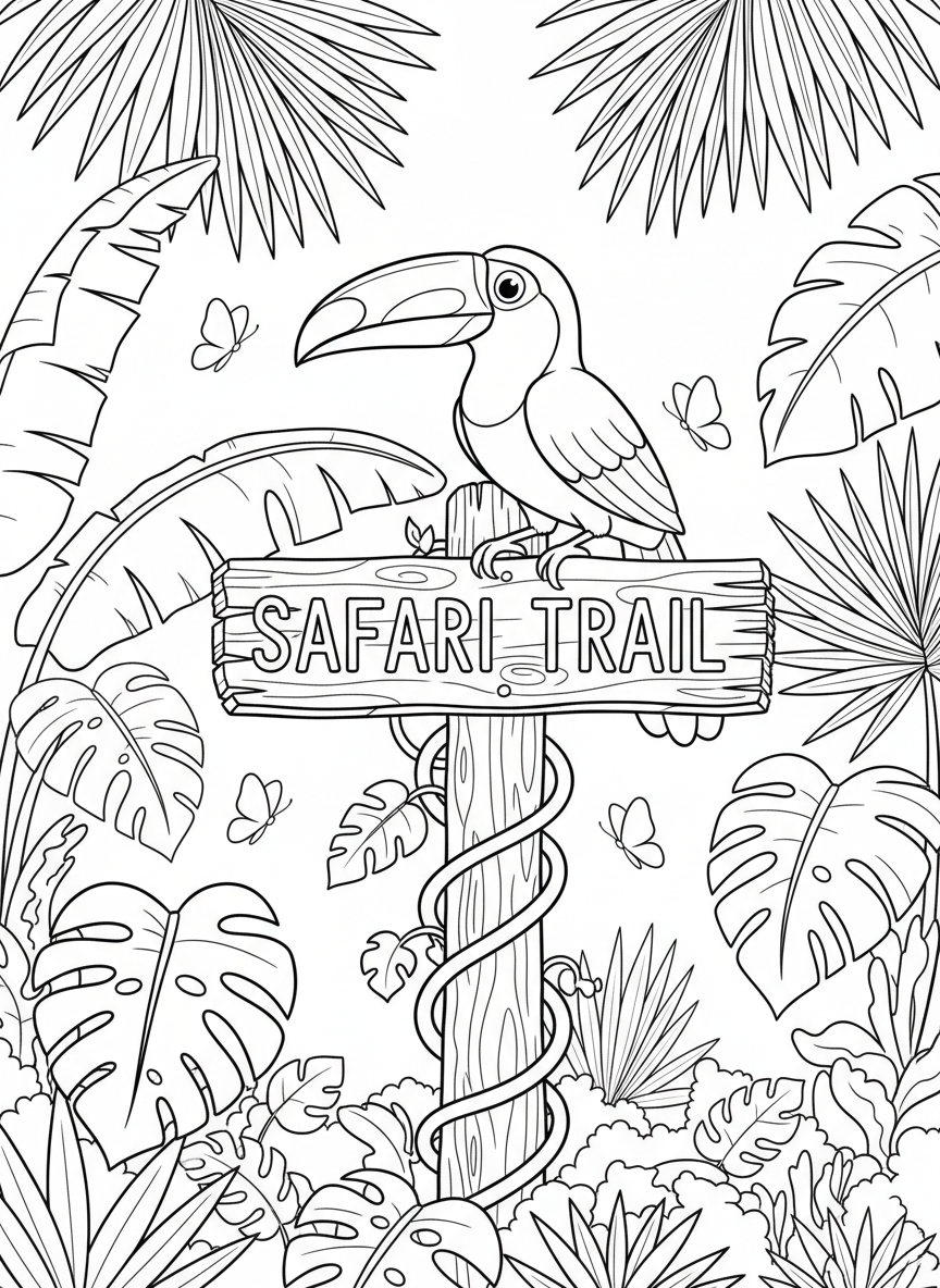 A toucan sitting on a jungle sign post that reads 'Safari Trail' with tropical plants and butterflies around it.
