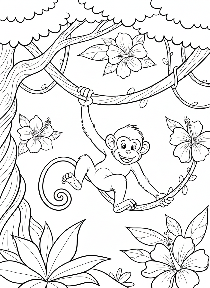 A playful monkey swinging from a vine, with a long curly tail, happy face, and tropical flowers in the background.