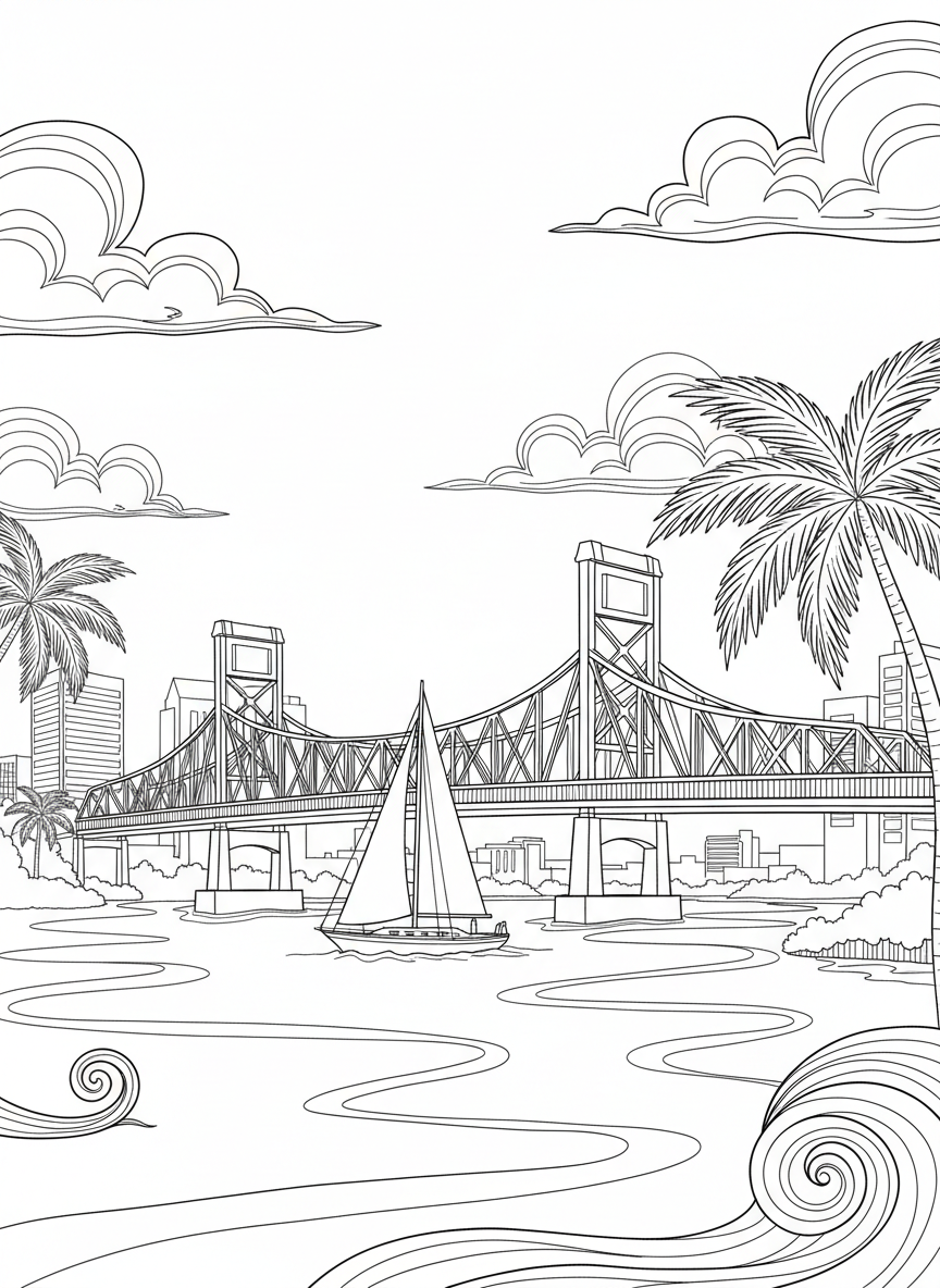 The Main Street Bridge spanning across the St. Johns River with a sailboat passing underneath, clear outlines for coloring