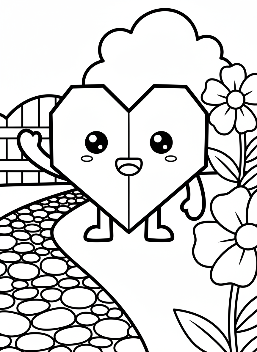 A simple origami heart with cute kawaii-style smiling face, tiny arms, and legs in a friendly waving pose.