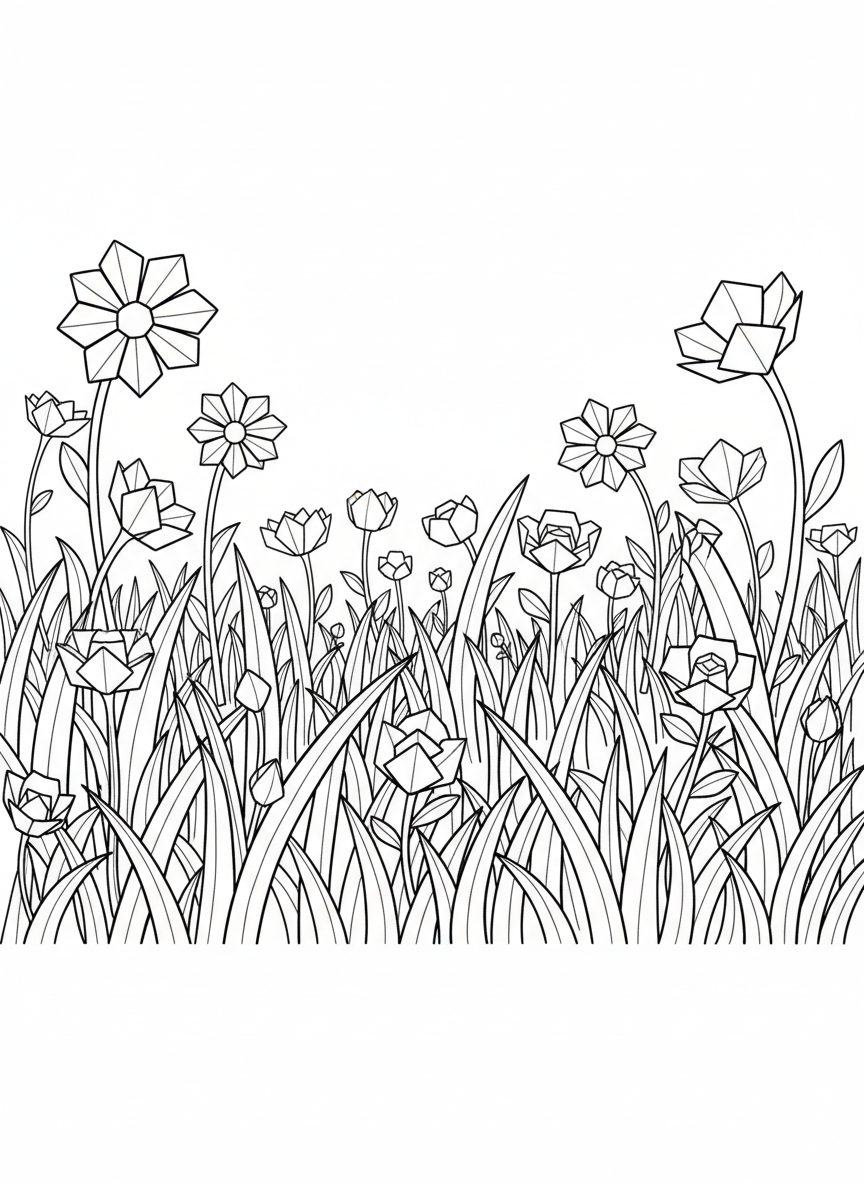 A field of simple origami wildflowers at various heights, including daisies and buttercups, with folded grass blades, wide scene composition.