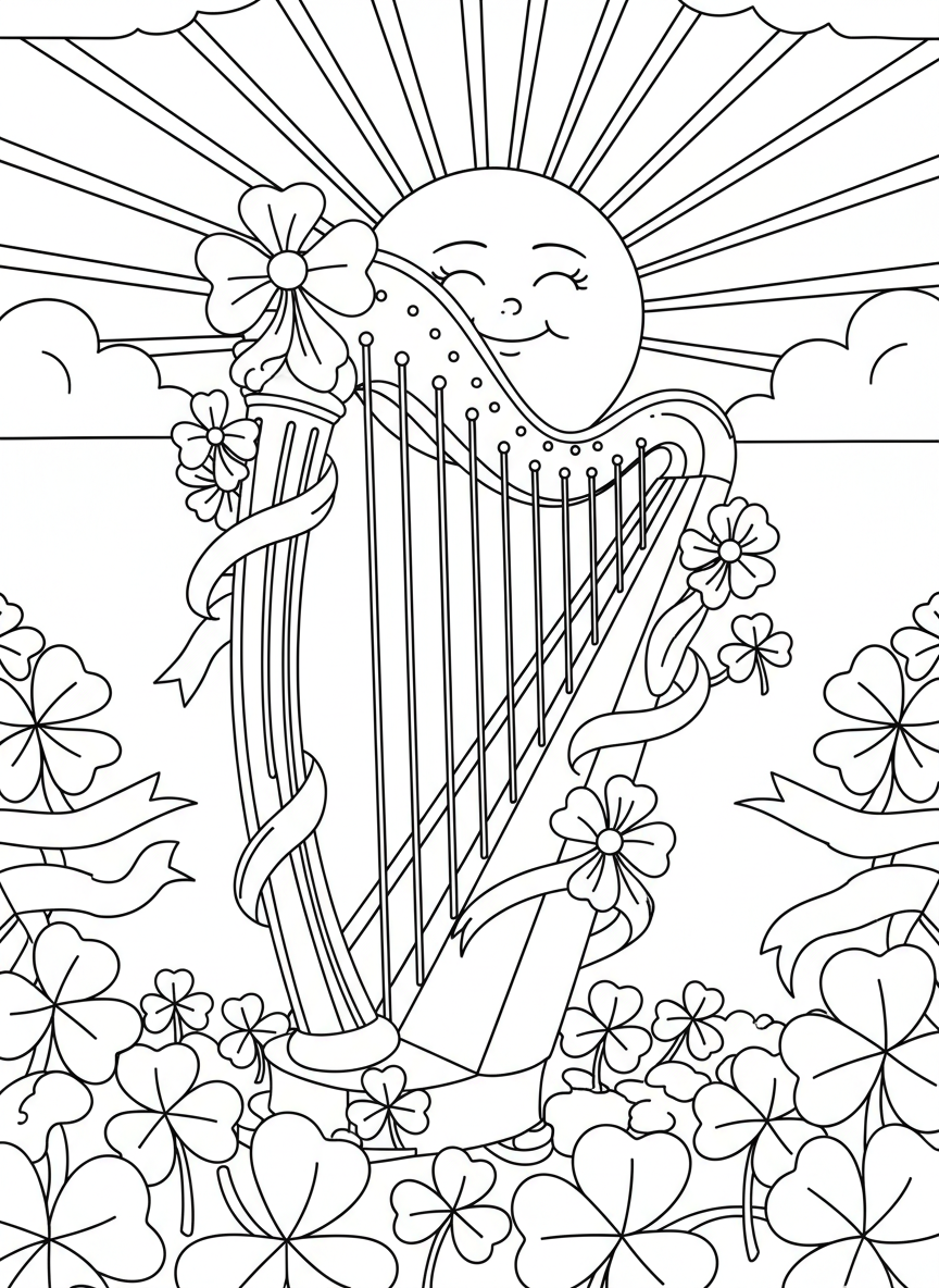 An Irish harp decorated with ribbons and shamrocks, standing in a field of four-leaf clovers under a smiling sun.