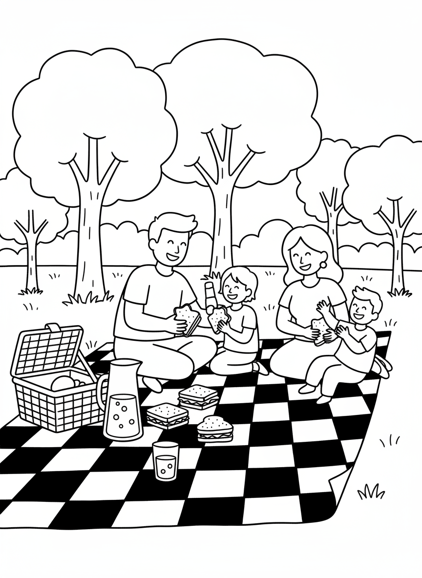 A family having a picnic on a blanket with a basket, sandwiches, and lemonade in a park with trees.