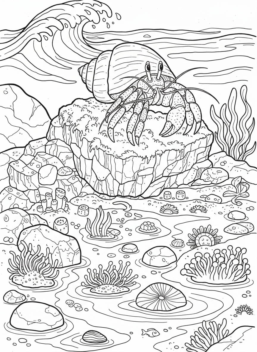 A hermit crab perched on top of a large rock formation, looking out over a detailed tide pool landscape.