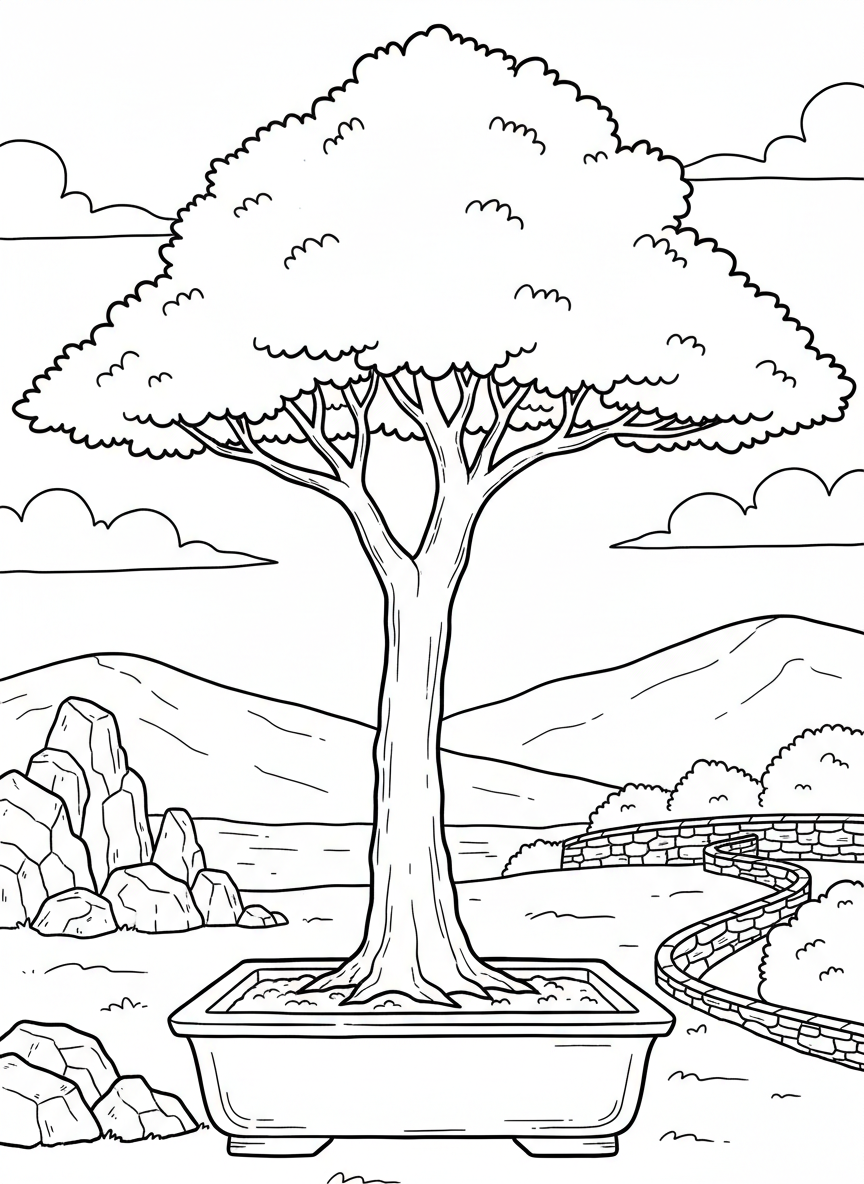 A simple bonsai tree with a straight trunk and umbrella-shaped canopy in a square pot, ideal for beginning colorists.