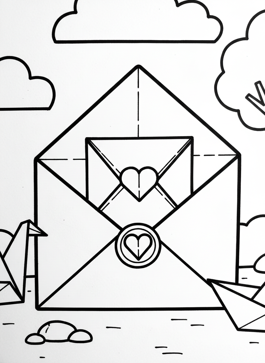 An origami envelope with a heart seal, partially open to reveal a folded love note inside, with simple geometric fold lines.