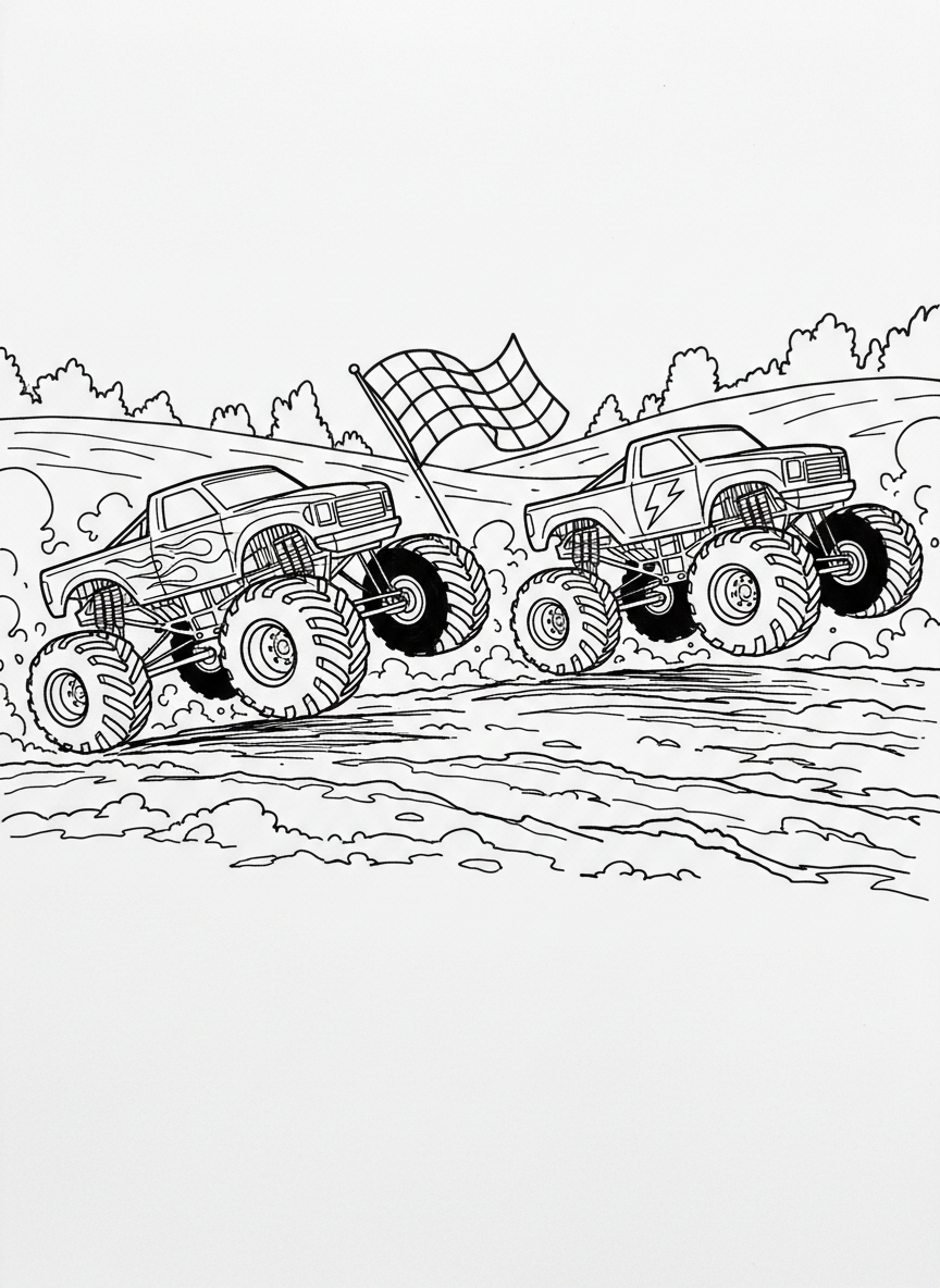 Two monster trucks racing side-by-side on a dirt track with a checkered flag waving in the background