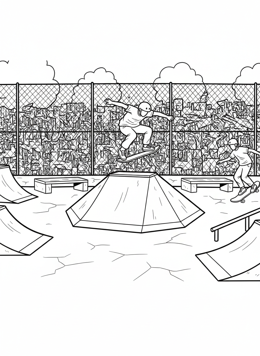 A fun skate park scene with a pyramid ramp in the center, benches around the edges, and a fence with graffiti-style patterns.