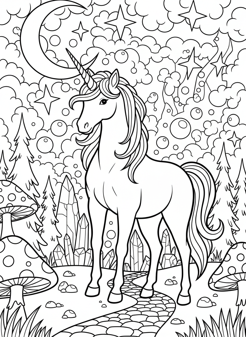 A unicorn standing under a crescent moon with twinkling stars, nighttime magical scene with simple shapes