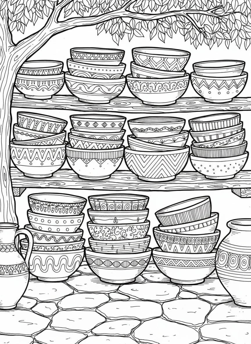 A collection of handmade ceramic bowls in different sizes stacked together, each with unique rim patterns and textures.