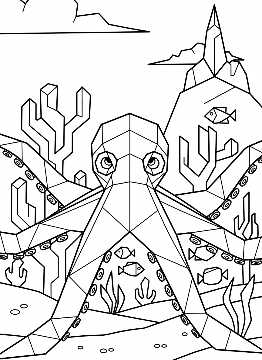 An origami octopus with eight geometric tentacles spreading outward, angular head, and visible paper fold patterns creating dimensional shapes.