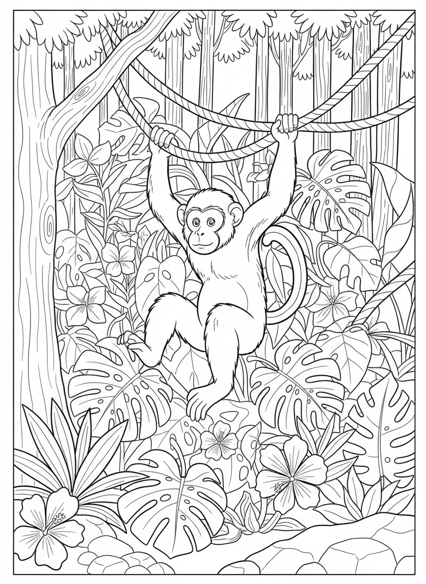 A jungle scene with a monkey swinging from vines, tropical plants and flowers below