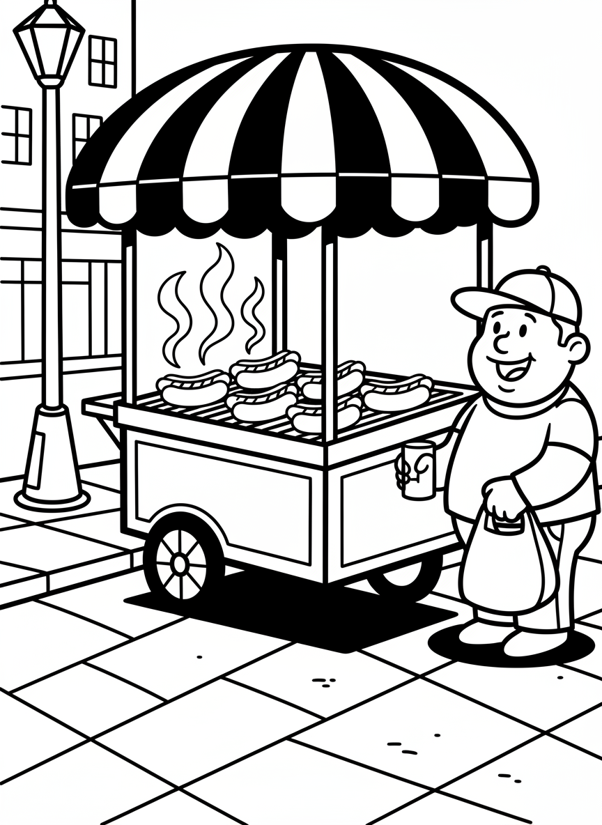 A hot dog stand cart with a striped awning, steam rising from the grill, and a happy customer waiting in line