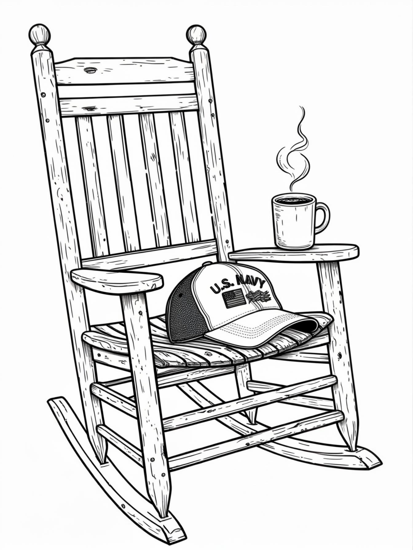 The Veteran's Cap on a Porch Rocker A close-up of a weathered wooden rocking chair on a porch. Resting on the seat is a single veteran's baseball cap. The cap is detailed, showing the embroidery ( "U.S. NAVY") and the fabric's texture. Next to it sits a mug of steaming coffee.
