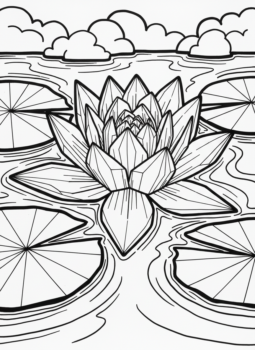 An origami water lily with layered petals opening outward, geometric fold marks visible, floating among angular lily pad shapes.