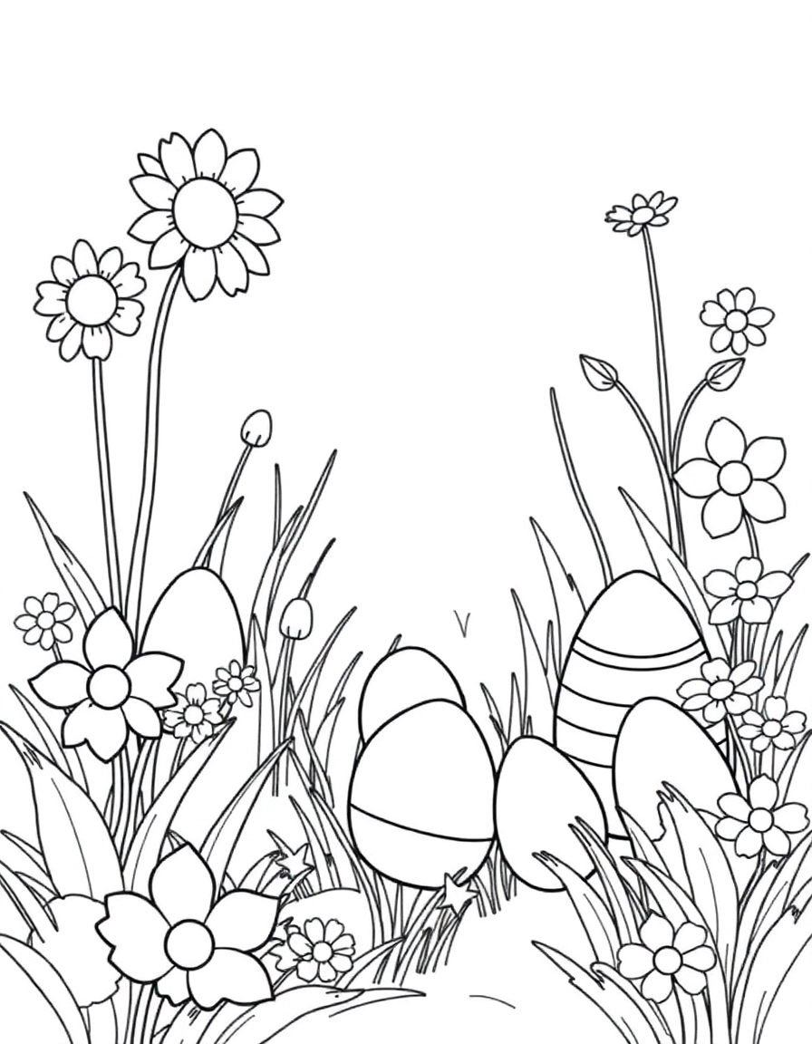 An Easter egg hunt in a garden, hidden eggs among flowers