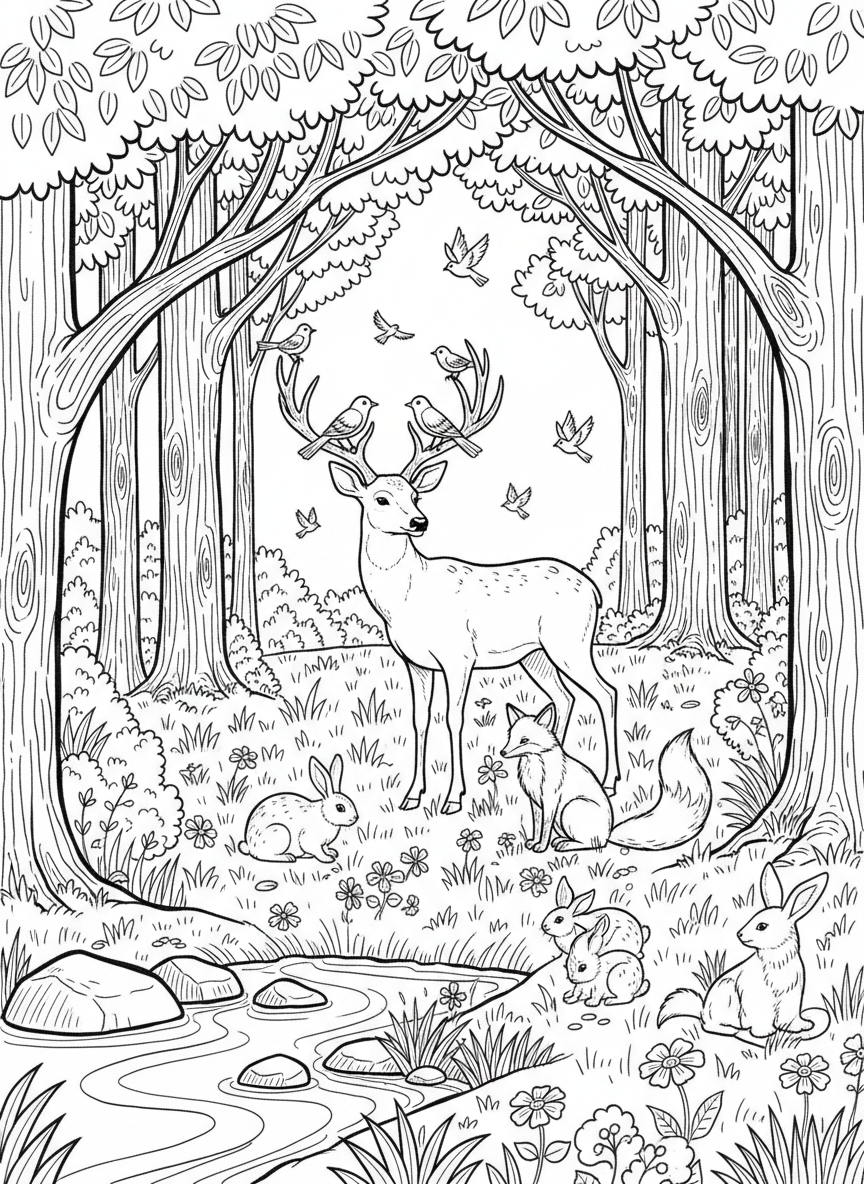 A peaceful forest scene where rabbits, deer, birds, and foxes share a meadow bordered by dense woodland and gentle streams.