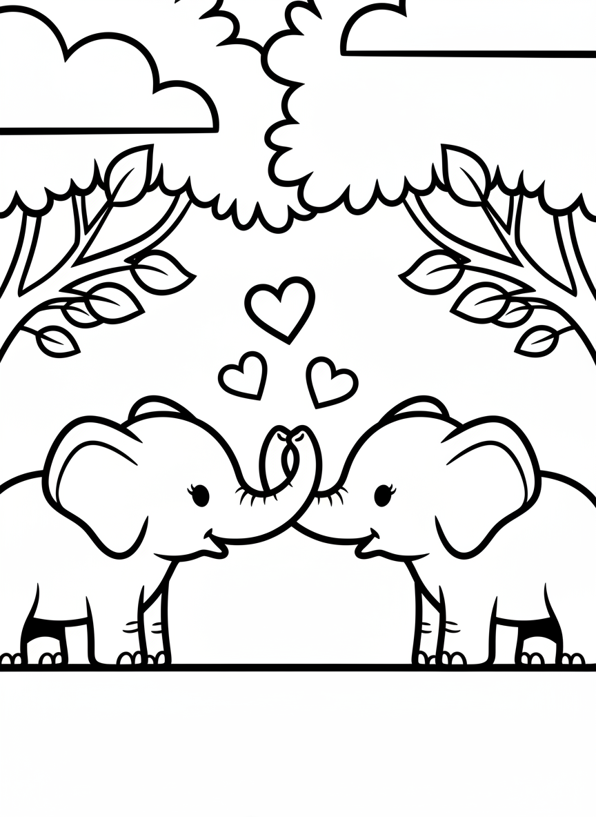 Two baby elephants playing together, trunks touching, simple hearts floating above them, sweet and charming composition for young children