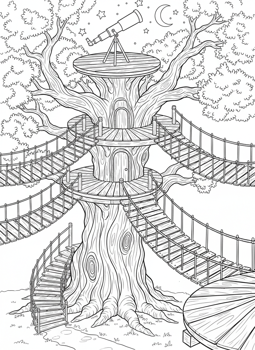 A multi-level treehouse connected by wooden bridges, with a telescope pointing toward the stars on the top platform.