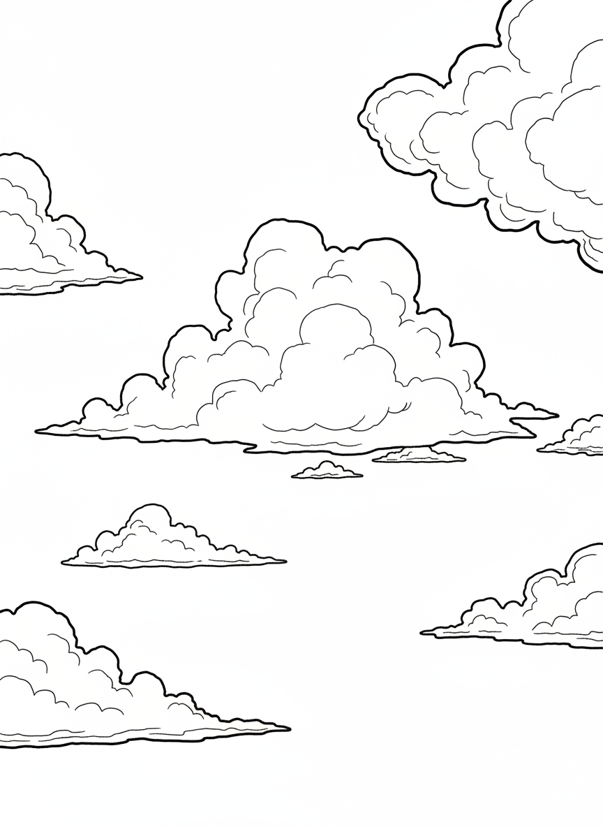 Puffy cumulus clouds in different shapes floating across the sky, varying sizes and forms