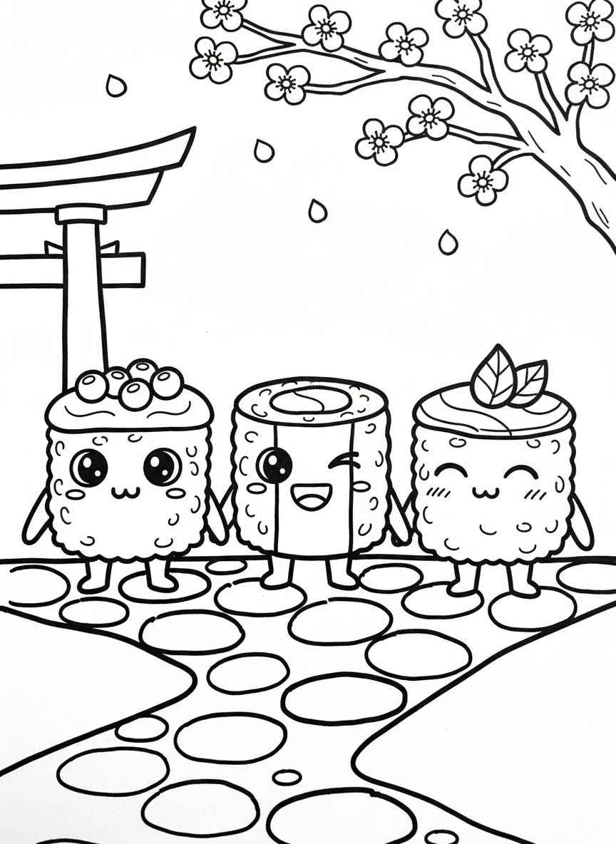 Three adorable sushi rolls with different expressions holding hands in a row, each with tiny arms, legs, and cheerful faces