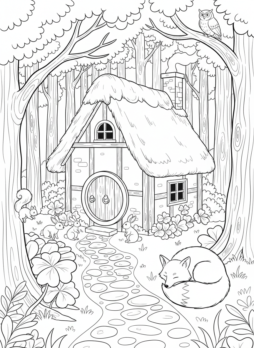 A small cottage in the woods with a thatched roof, round door, and chimney, surrounded by tall trees and woodland creatures.