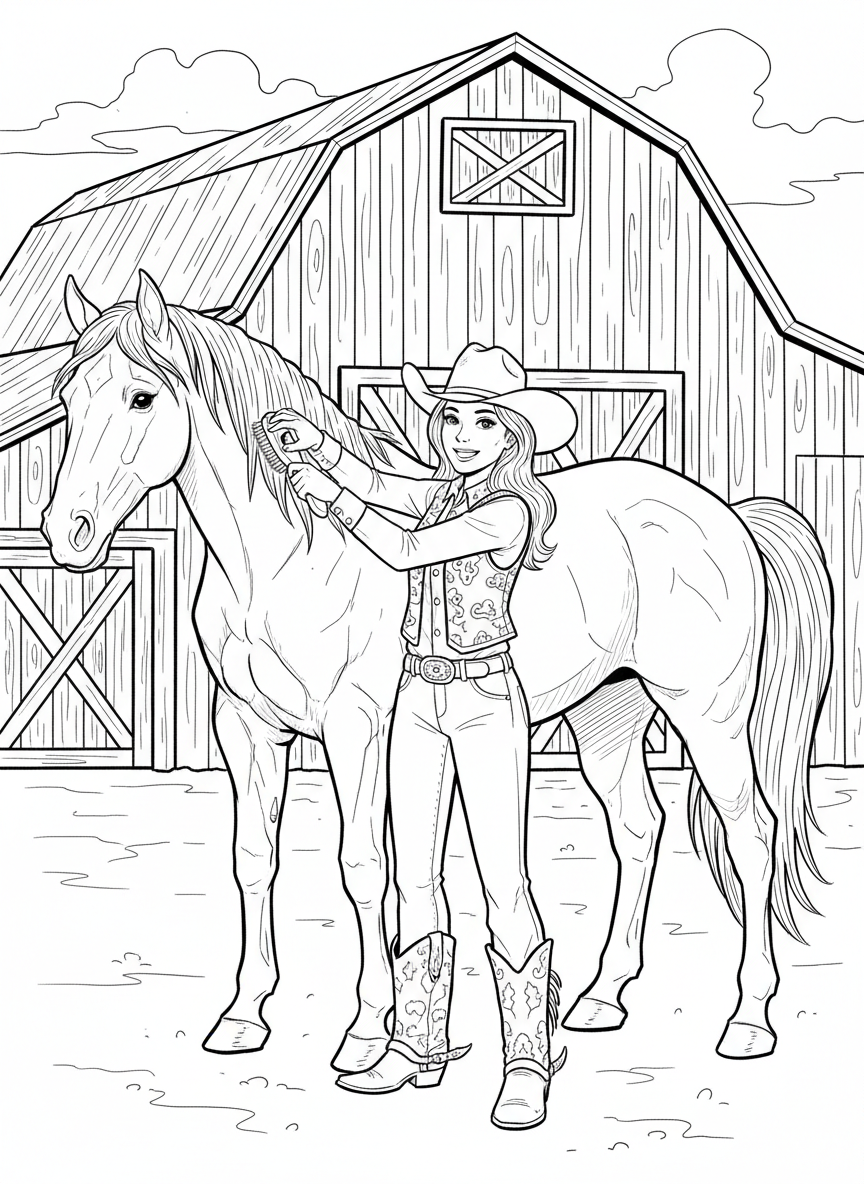 A smiling cowgirl standing next to her horse, brushing its mane in front of a classic wooden barn.