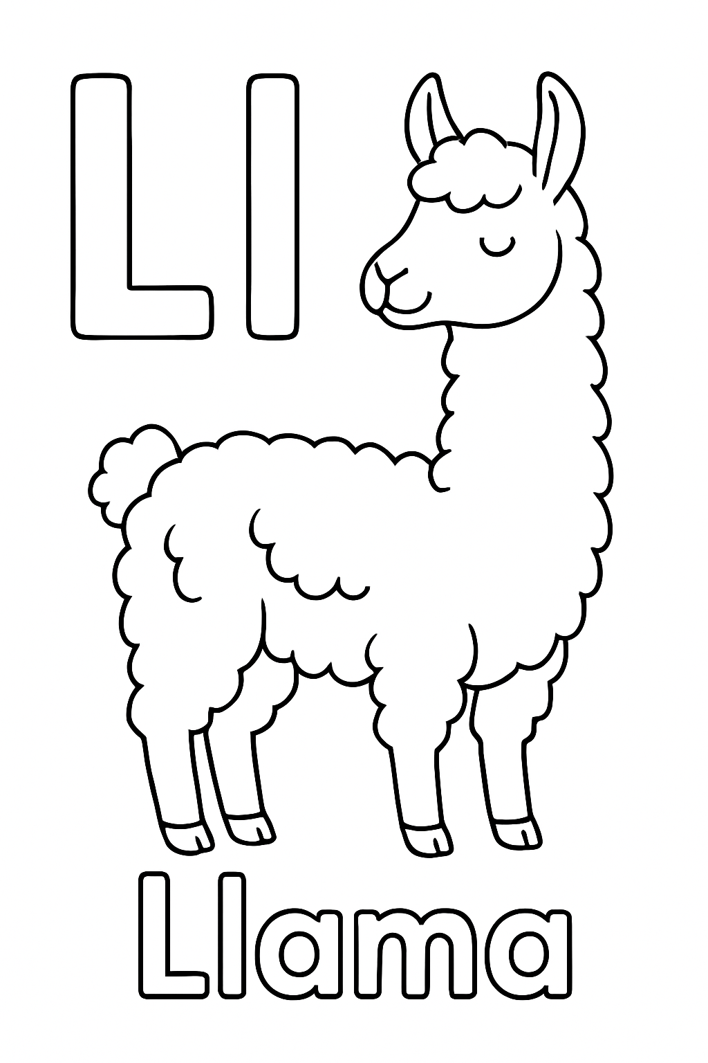 The uppercase letter “L” next to the lowercase letter “l”. With a llama image under the letters. Write out the object “Llama”.