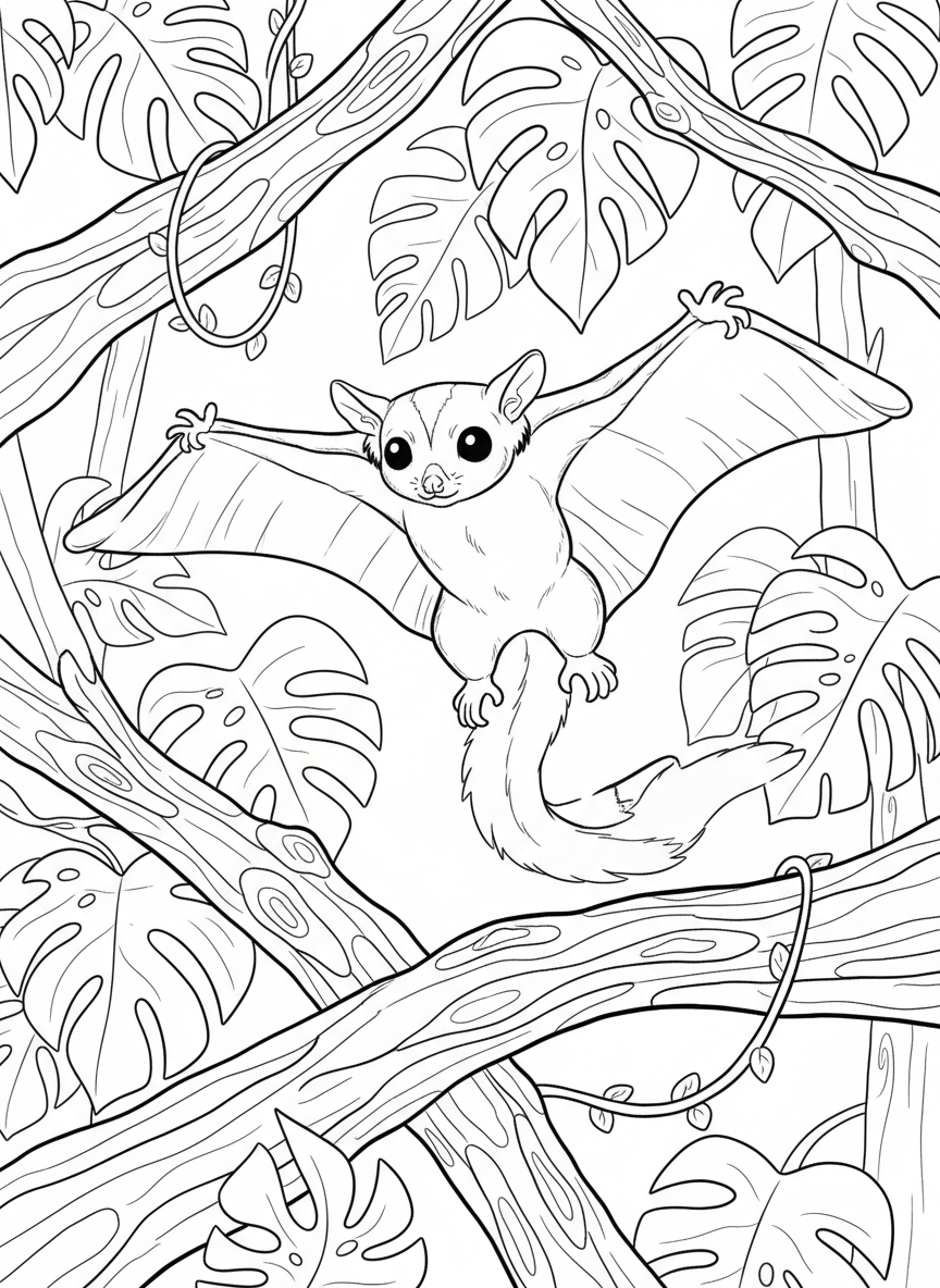 A sugar glider mid-glide between two tree branches, showing its gliding membrane stretched out, cute face visible.