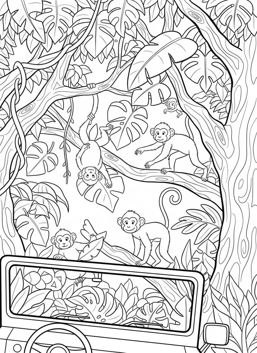 Panoramic jungle canopy view from inside a safari jeep looking up at monkeys playing in the treetops above.