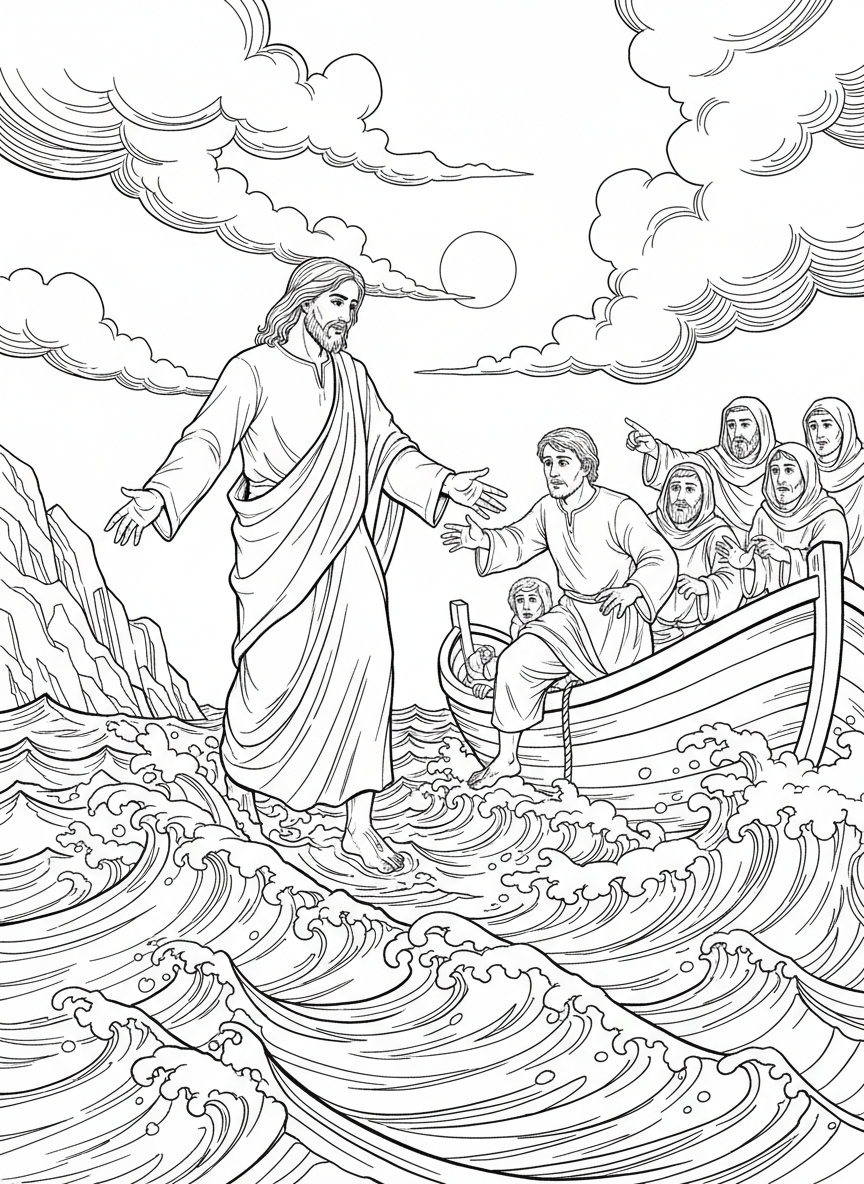 Jesus walking on water reaching out his hand to Peter in the boat with disciples watching