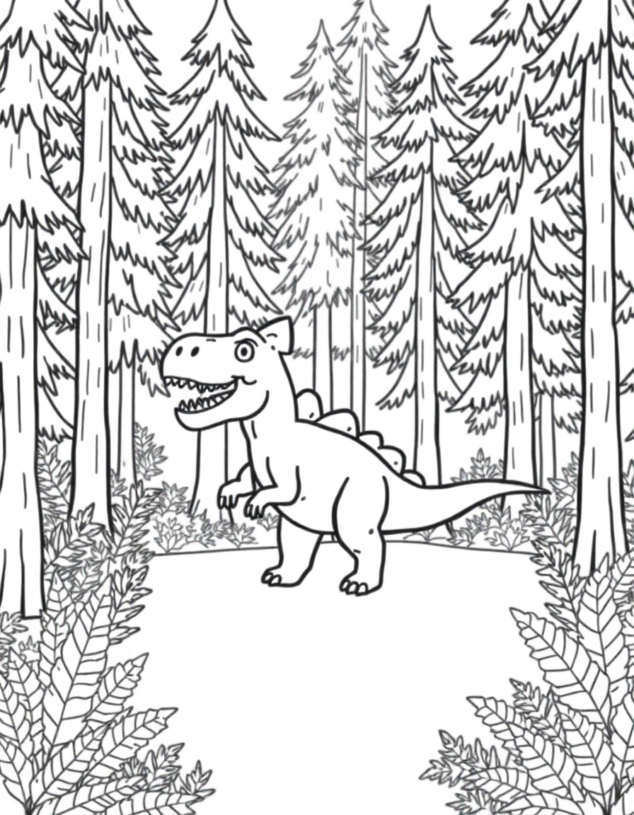 A friendly dinosaur in a lush forest clearing, tall pine trees and ferns all around