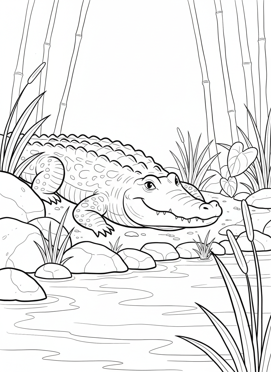 A crocodile resting on a riverbank with its mouth closed in a friendly pose, water and reeds in the background.