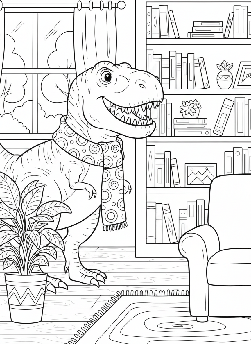A friendly T-Rex wearing a cozy scarf, standing in a living room next to a potted plant and bookshelf, simple line art for coloring