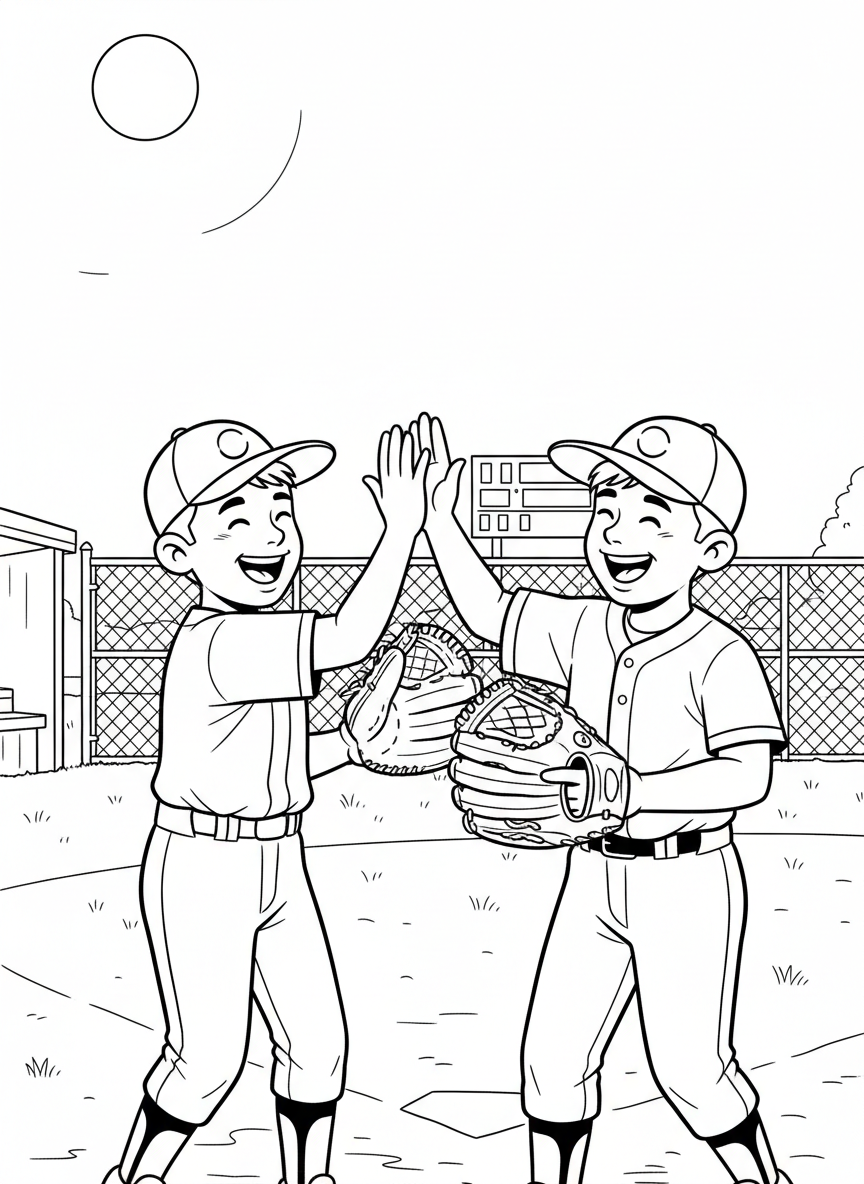 Two Little League players giving each other a high-five after a great play, both smiling with baseball gloves on their hands.
