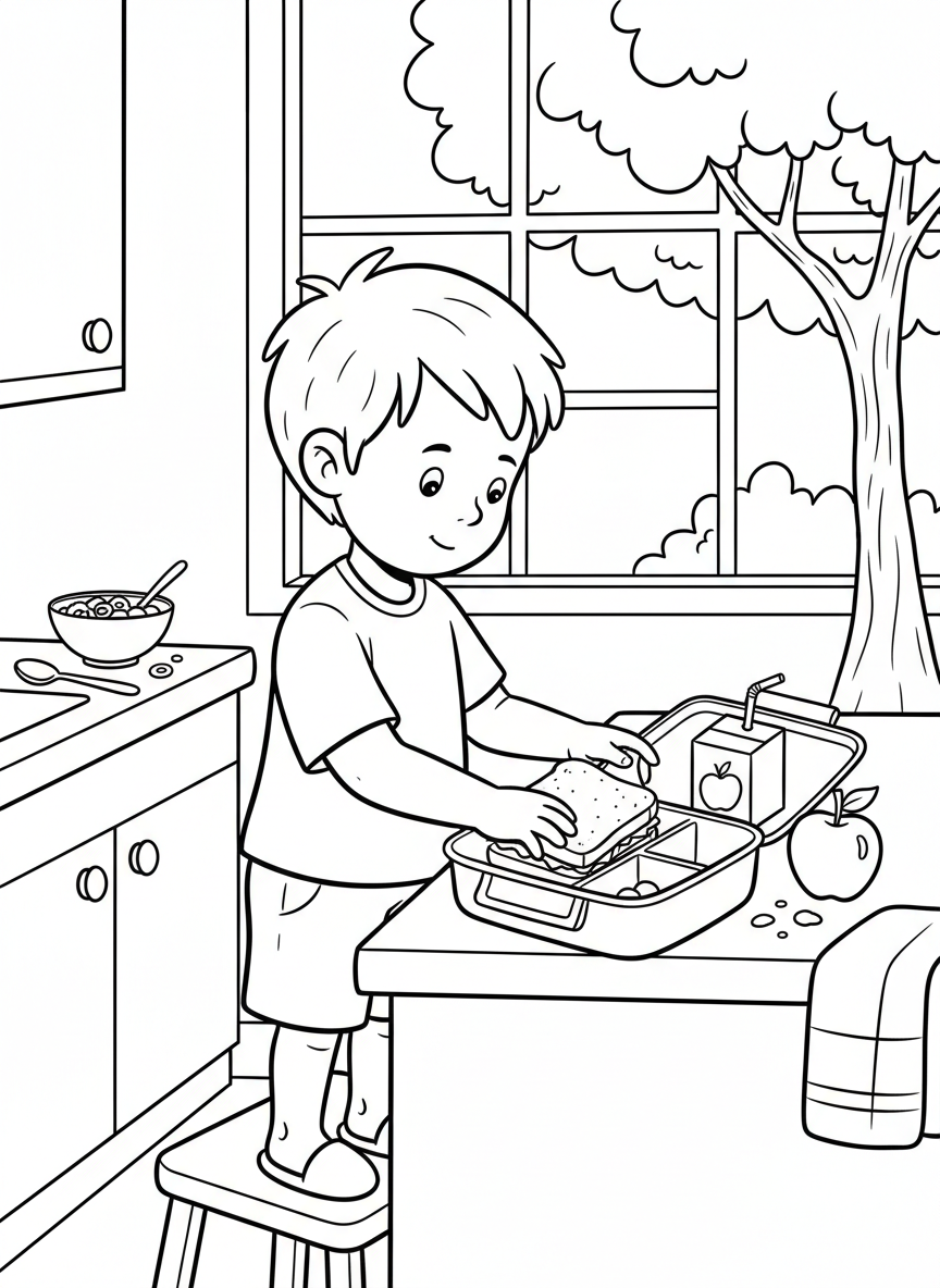 A child packing a lunch box with sandwich, apple, and juice box, preparing for school day, kitchen counter scene