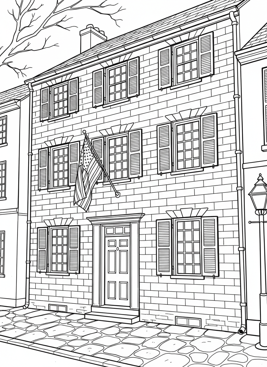 The Betsy Ross House exterior showing a three-story colonial brick building with an American flag hanging, shuttered windows, and a front door.