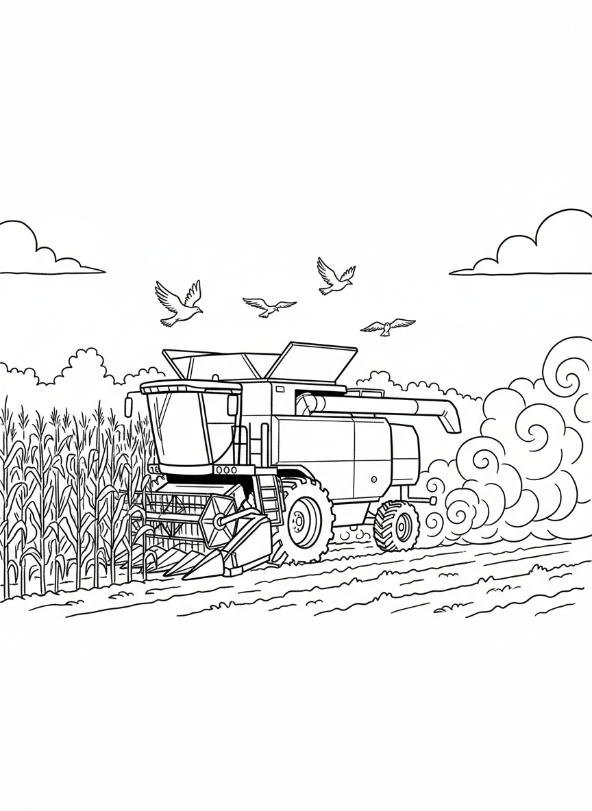 A combine harvester moving through a cornfield while birds fly overhead and dust trails gently behind the machine.