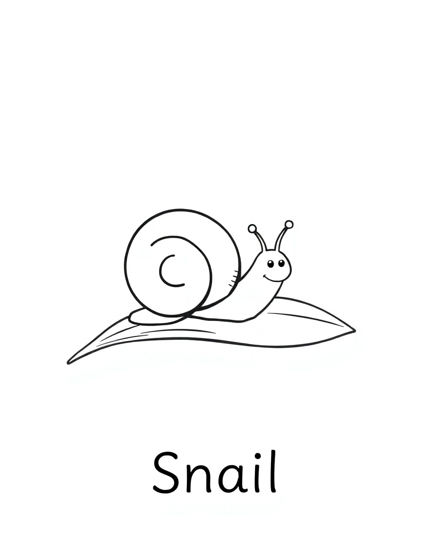 A happy snail slowly moving across a leaf, leaving a simple trail behind it. The word "Snail" is written, nothing more is written.
