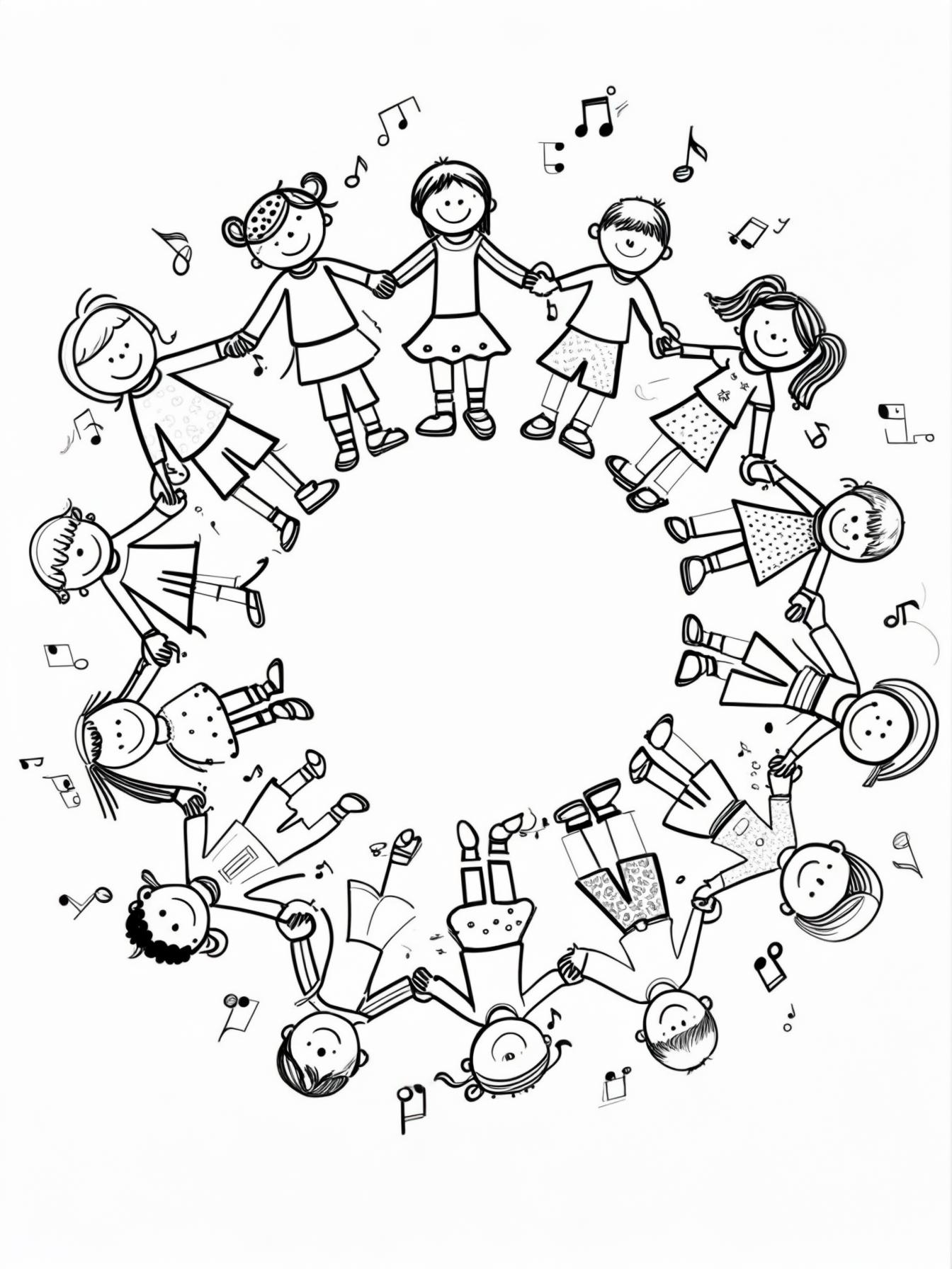 Global Groove: A circle of diverse kids holding hands and dancing, with simple musical notes swirling around them.