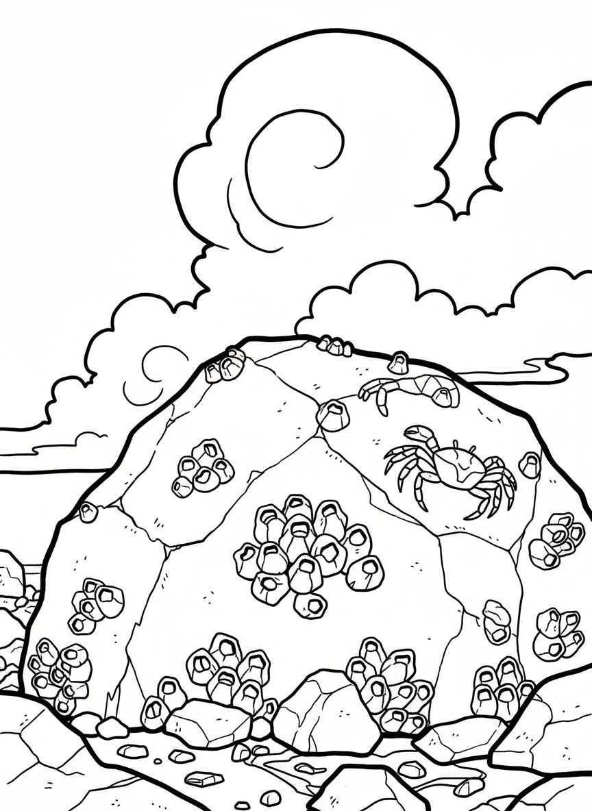 A group of barnacles clustered on a large boulder with a small crab climbing over them.