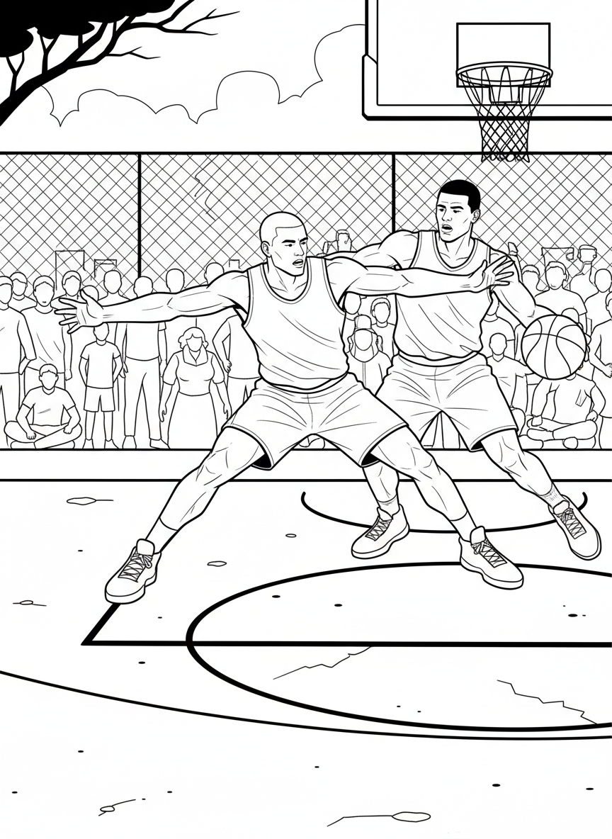 A basketball player defending with arms spread wide, guarding an opponent, intense game moment captured in line art.